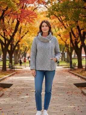 Max Studio Navy and Gray Cowl Neck Asymmetric Sweater
